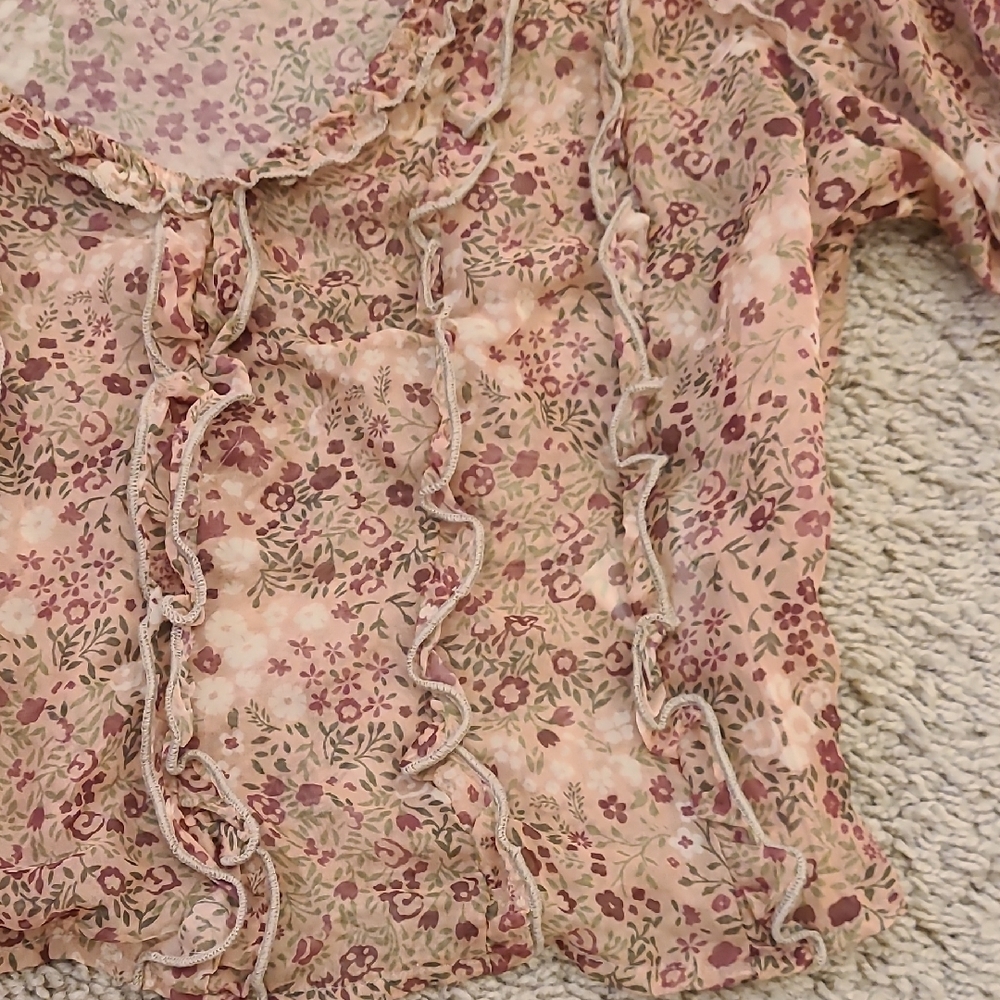 Anthropologie Floral Sheer Cropped Puff Sleeve Blouse PXXS - Picture 9 of 15